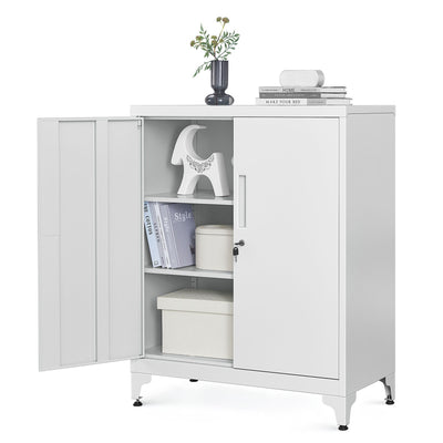 Front angle view of the white metal storage cabinet with key lock and door handles