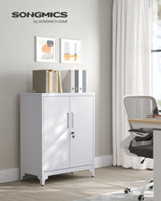 Open cabinet door showing the internal adjustable shelves