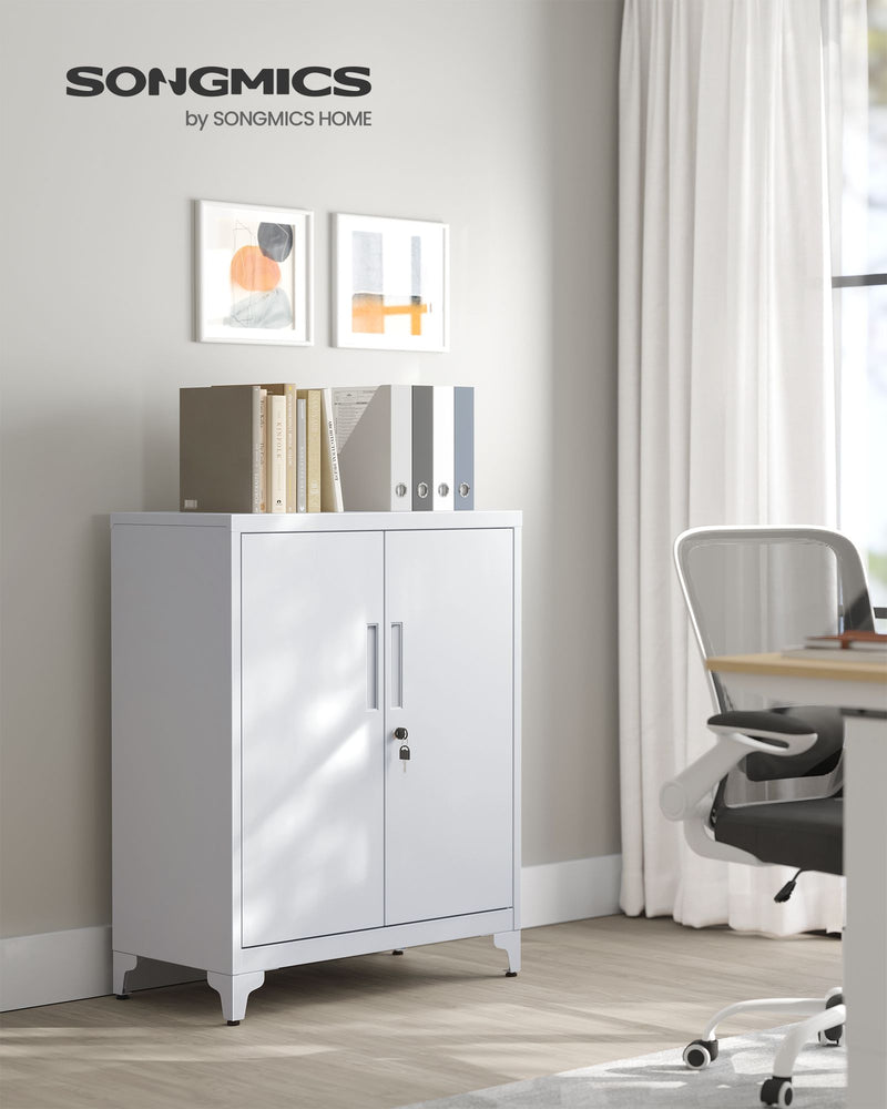 Open cabinet door showing the internal adjustable shelves
