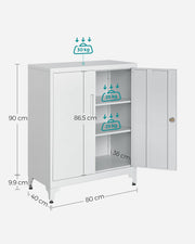 Dimensions diagram showing the cabinet at 40 x 80 x 90 cm with shelf weight capacities