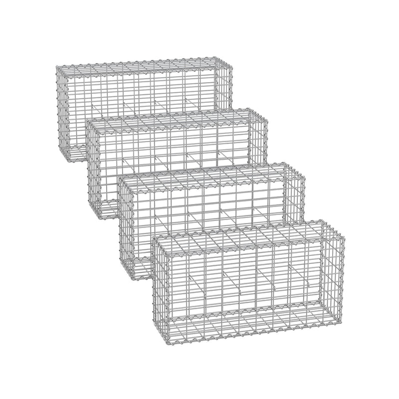Four metal wire gabion cages arranged in a staggered line, each measuring 100 x 30 x 50 cm
