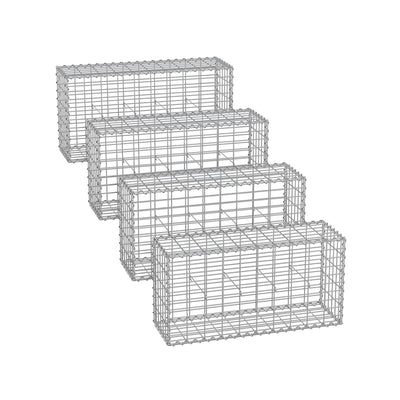 Four metal wire gabion cages arranged in a staggered line, each measuring 100 x 30 x 50 cm