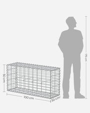 Dimension diagram showing the gabion cage measuring 100 cm long, 30 cm deep and 50 cm high next to a human silhouette for scale
