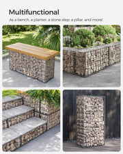 Four lifestyle photos showing the gabion cage used as a bench, planter, stone step and pillar