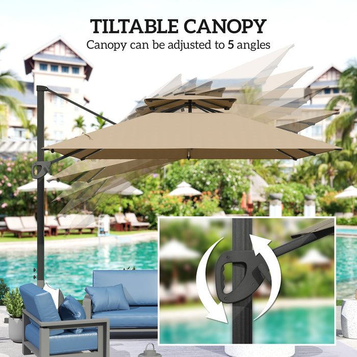 Khaki Cantilever Garden Parasol with Solar LED Lights and UPF50+ Sun Shade by Outsunny