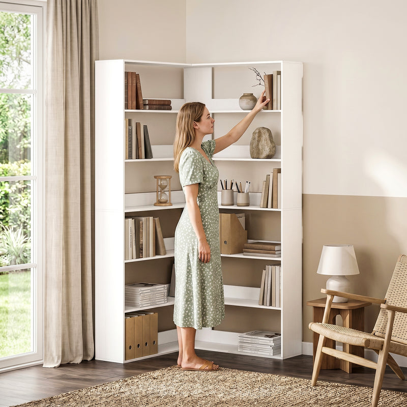 Corner Bookcase with 7 Open Shelves for Small Room Storage White Wood Effect