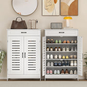 White Shoe Storage Cabinet For Hallway with Louvered Doors Adjustable Shelves and Drawer 78x37x115cm Homcom