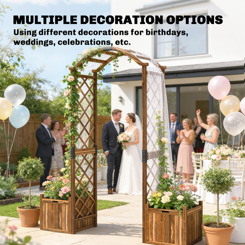Wooden Garden Arch with Planter Boxes and Trellis Sides for Climbing Plants Carbonised