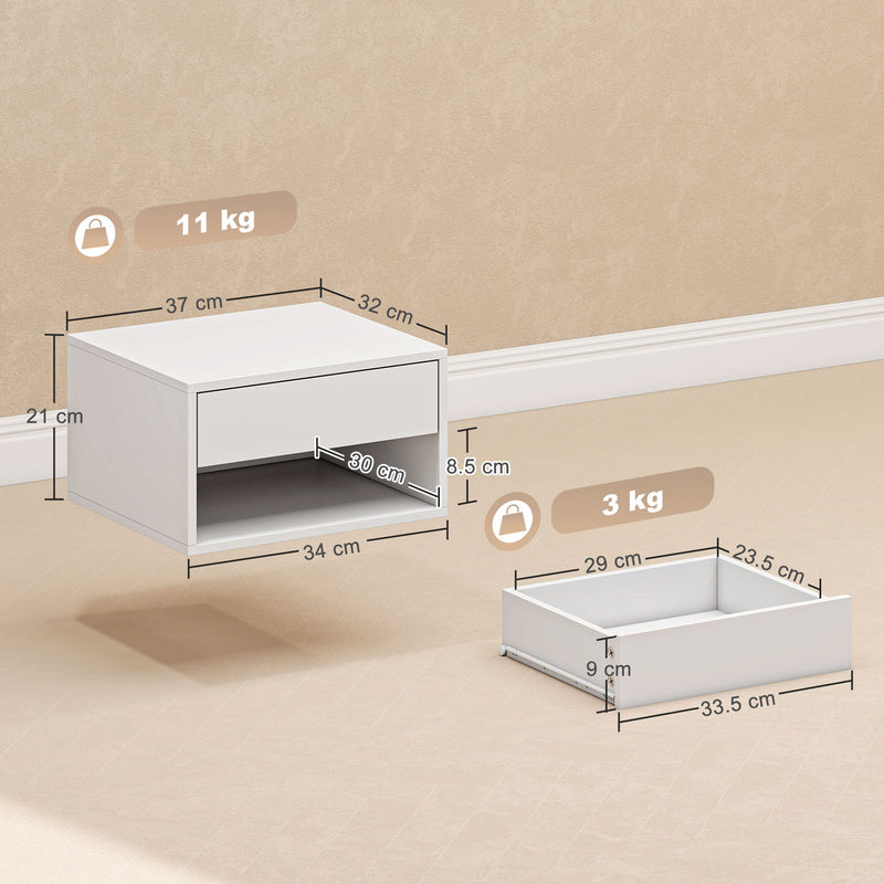 Floating Bedside Tables Set of 2 with Drawer and Shelf for Space Saving Bedroom Storage White AOSOM