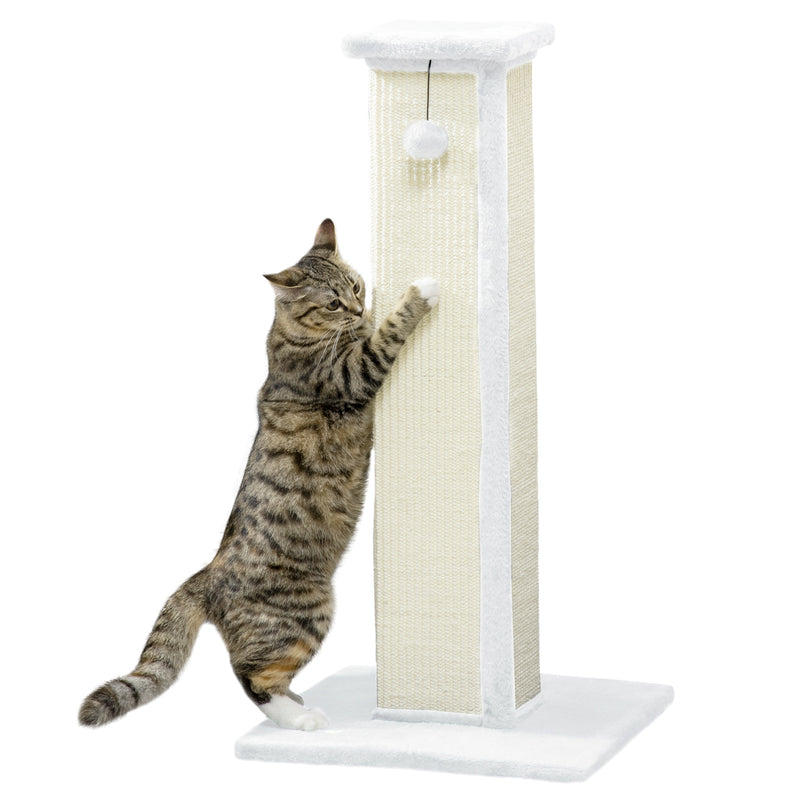 White 81cm Cat Scratcher with Sisal Rope Hanging Ball and Soft Plush by PawHut