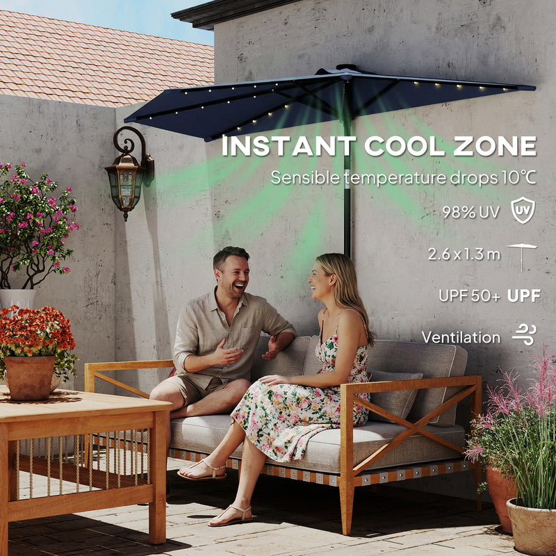 Half Parasol for Balcony or Small Patio with Solar LED Lights and Tilt, Dark Blue