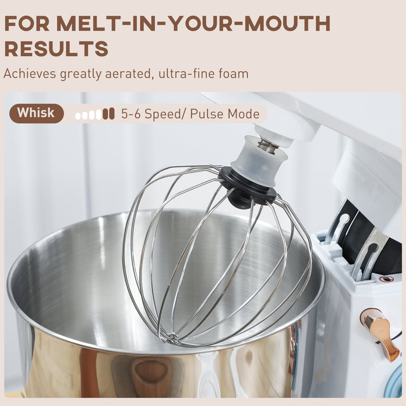 White 1400W Stand Mixer 5L with 6 Speeds Dough Hook Whisk and Splash Guard by HOMCOM