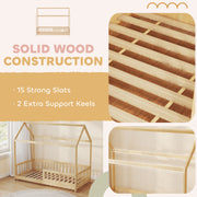 Wooden Kids House Bed Frame with Safety Guard Rails for Children Single Bed Natural AOSOM