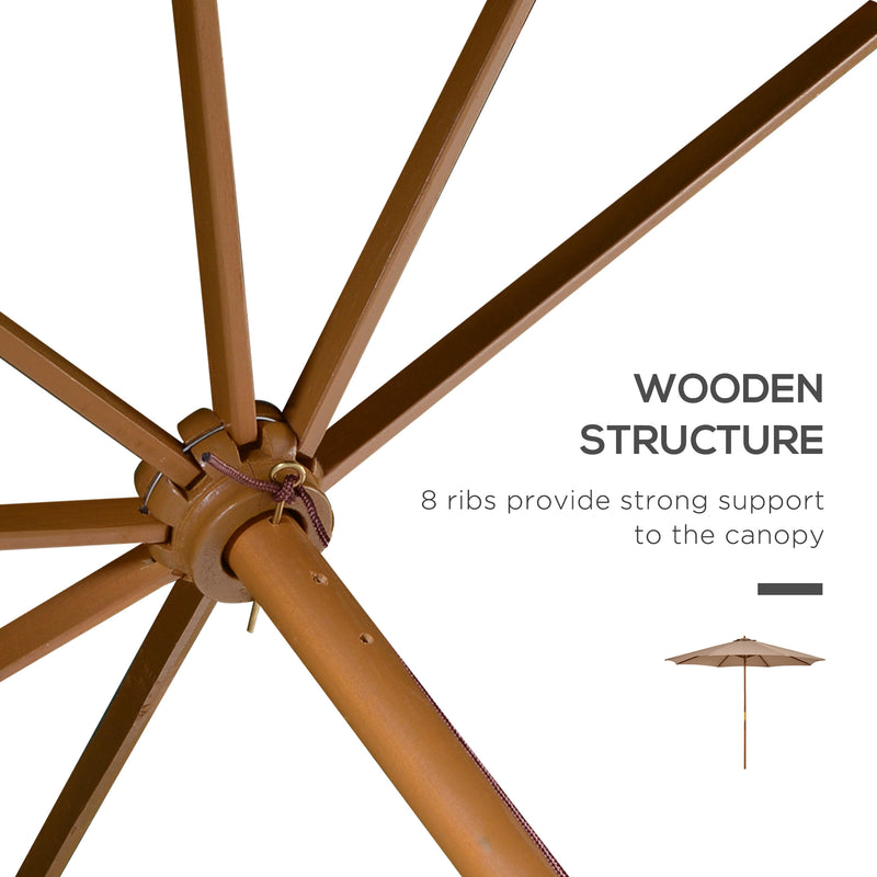 3m Wooden Garden Parasol with 8 Ribs for Outdoor Patio Sun Shade Shelter Khaki AOSOM