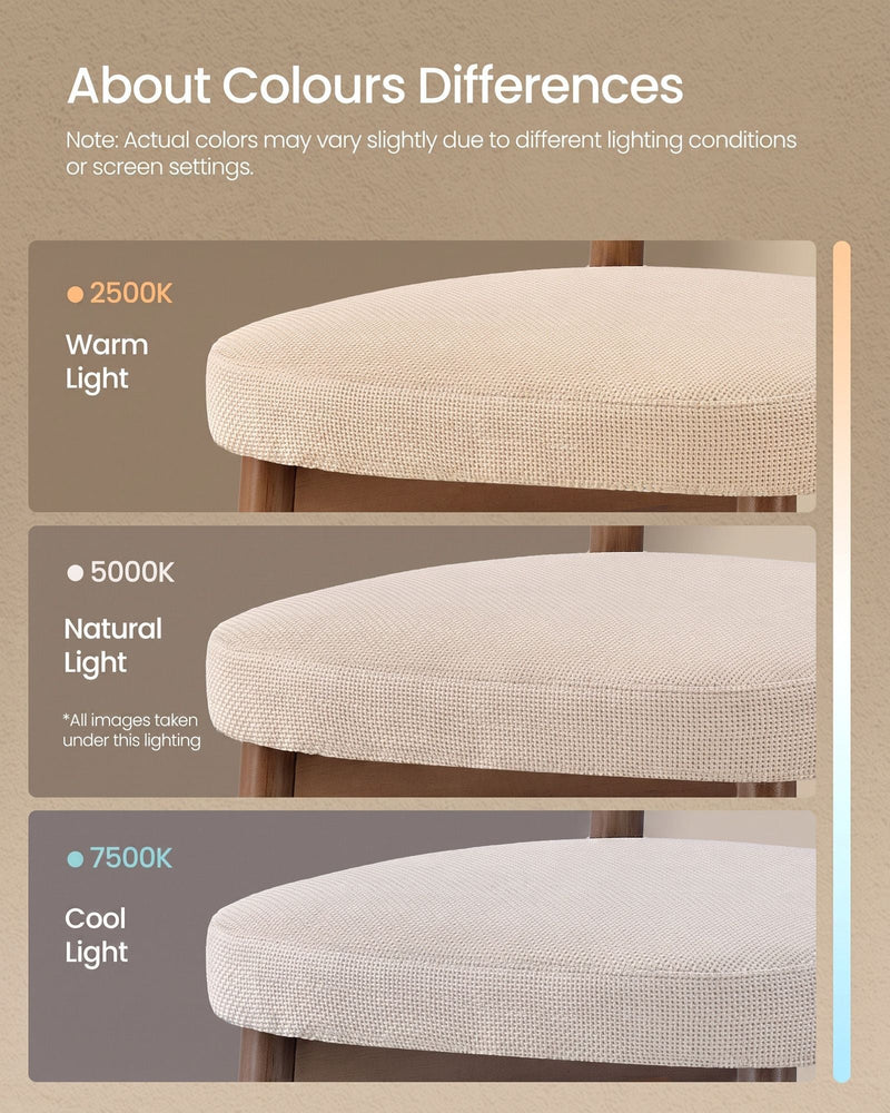 Chair fabric colour shown under warm, natural and cool lighting