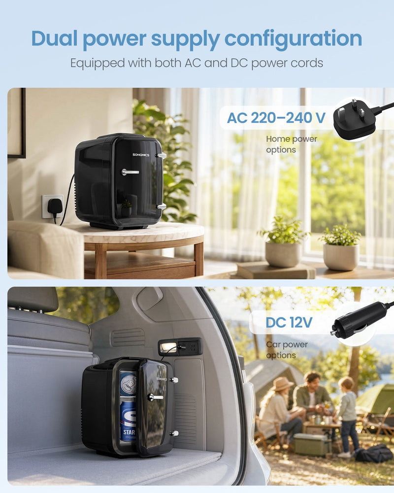 Black mini fridge shown powered from an AC mains socket indoors and from a 12V car socket in a car boot