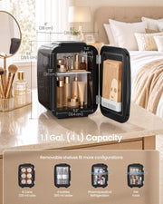 Dimensions diagram of the black mini fridge listing 20.5 cm width, 28 cm depth, 29.5 cm height and 4L capacity