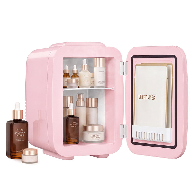 Pink Songmics 4L mini fridge open to show skincare bottles on two shelves and sheet masks in the door