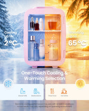 Split graphic of the pink mini fridge chilling to 2 degrees on ice and warming to 65 degrees on a sunset backdrop
