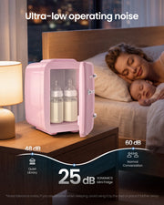 Pink mini fridge holding baby bottles on a bedside table, labelled 25 dB beside a sleeping mother and baby