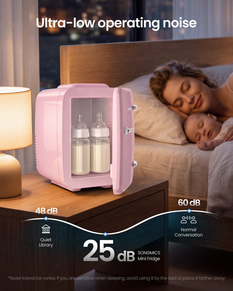 Pink mini fridge holding baby bottles on a bedside table, labelled 25 dB beside a sleeping mother and baby