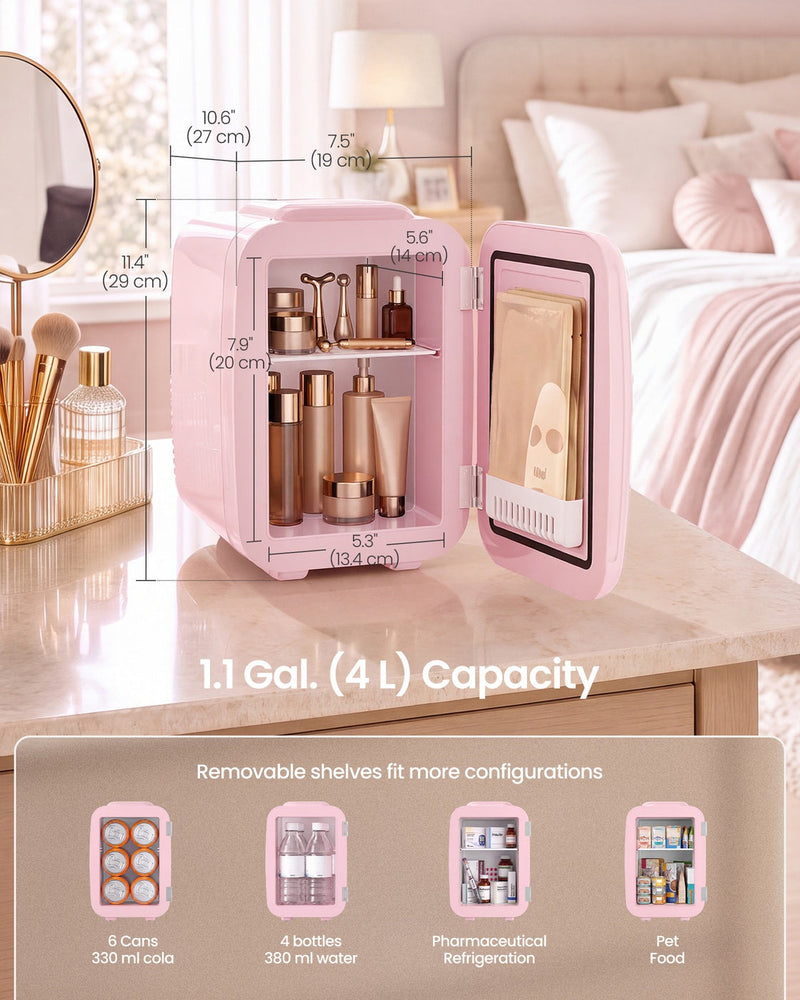 Dimensions diagram of the pink mini fridge showing 20.5 cm wide, 28 cm deep and 29.5 cm high with 4L capacity