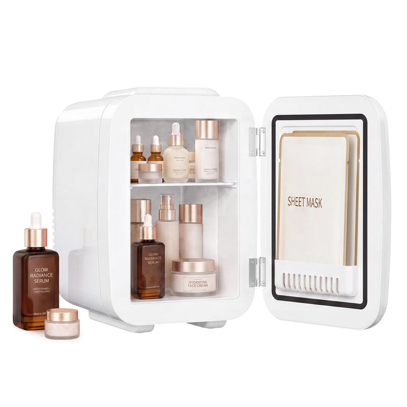 White Songmics 4L mini fridge with its door open, shelves holding skincare bottles and sheet masks in the door pocket