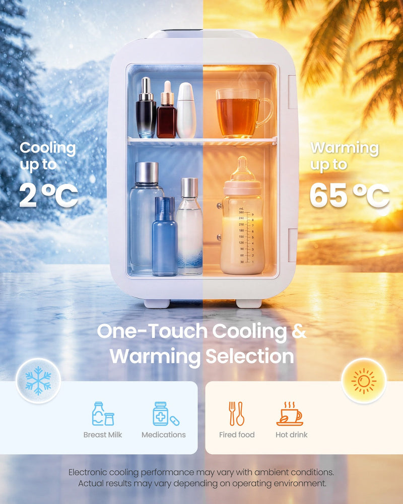 Split graphic showing the white mini fridge cooling to 2 degrees on an icy background and warming to 65 degrees on a sunset background