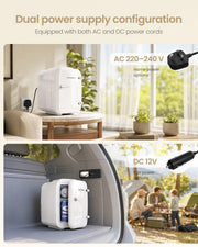 Dual power graphic showing the white mini fridge plugged into an AC mains socket at home and a 12V car socket in a boot