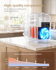 Cutaway view of the mini fridge showing its internal fan and cooling module, with a chart of falling temperature over two hours