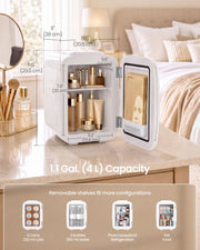Dimensions diagram of the white mini fridge showing 20.5 cm width, 28 cm depth and 29.5 cm height with a 4L interior