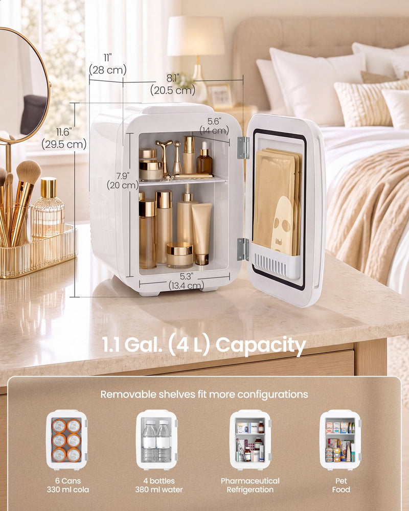 Dimensions diagram of the white mini fridge showing 20.5 cm width, 28 cm depth and 29.5 cm height with a 4L interior