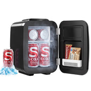 Black Songmics 4L mini fridge with its door open, cans of cola inside and cold mist spilling from the shelves