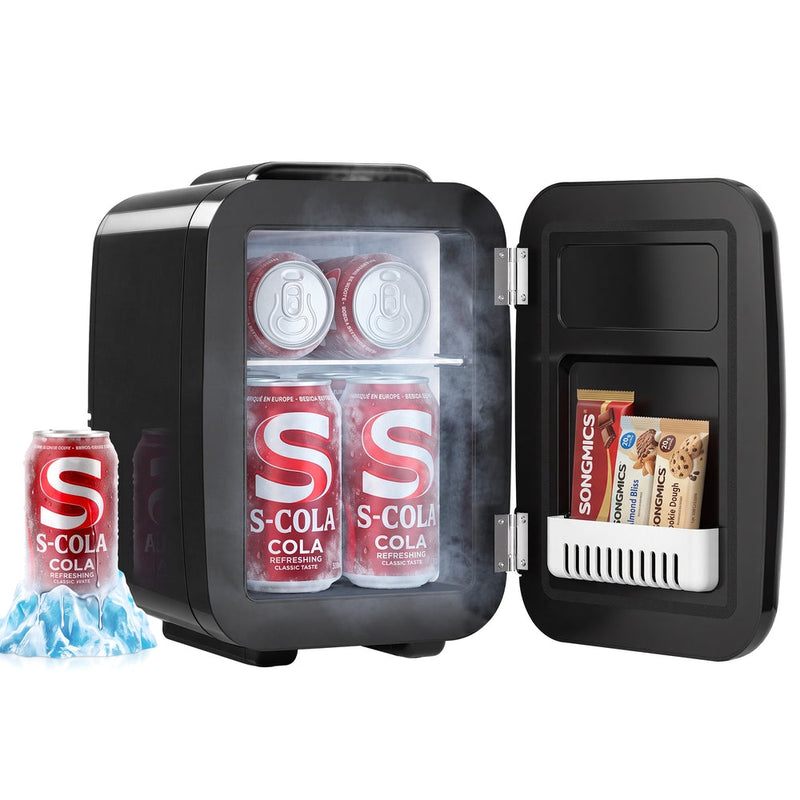 Black Songmics 4L mini fridge with its door open, cans of cola inside and cold mist spilling from the shelves