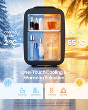 Split graphic of the black mini fridge cooling to 2 degrees against ice and warming to 65 degrees against a sunset