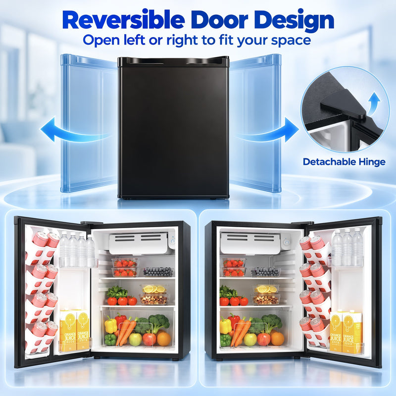 Reversible door diagram showing the door opening left or right with a detachable hinge