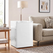 White mini fridge next to a sofa and side table in a living room