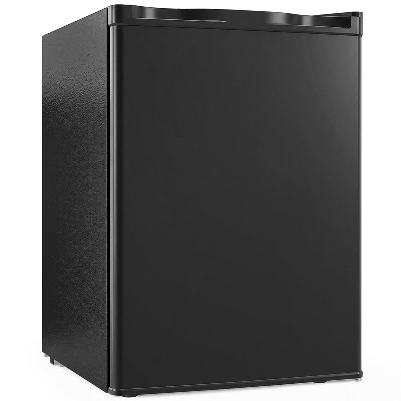 Black 72.5L mini fridge, front three-quarter view on a white background