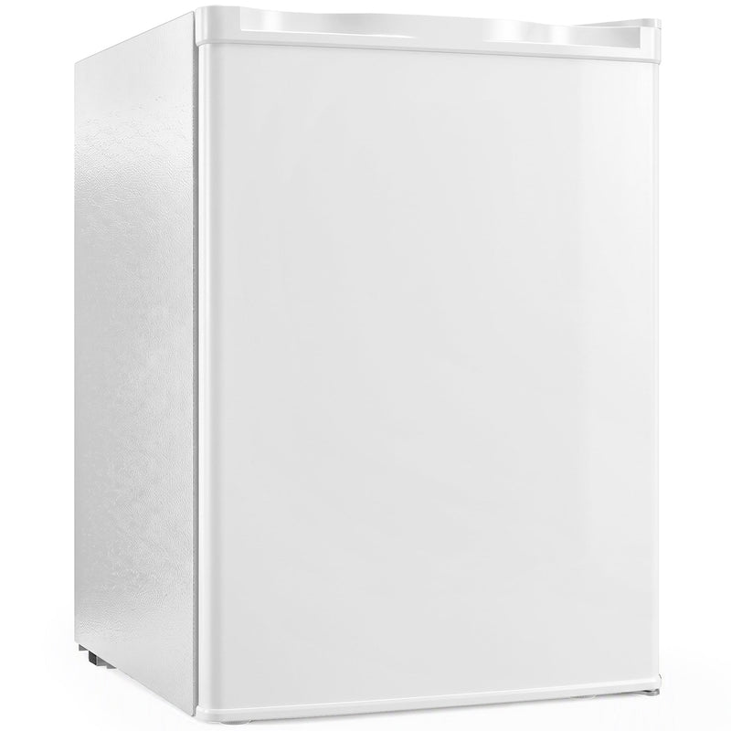 White 72.5L mini fridge, front three-quarter view on a white background