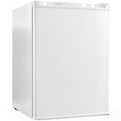 White 72.5L mini fridge, front three-quarter view on a white background