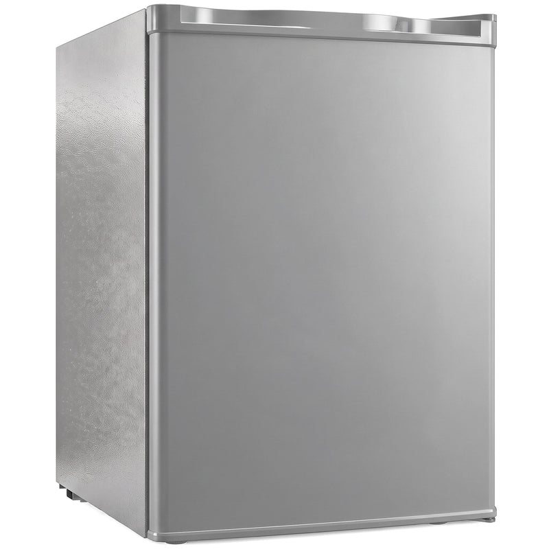 Grey 72.5L mini fridge, front three-quarter view on a white background
