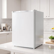 White mini fridge on a kitchen worktop beside white cabinets