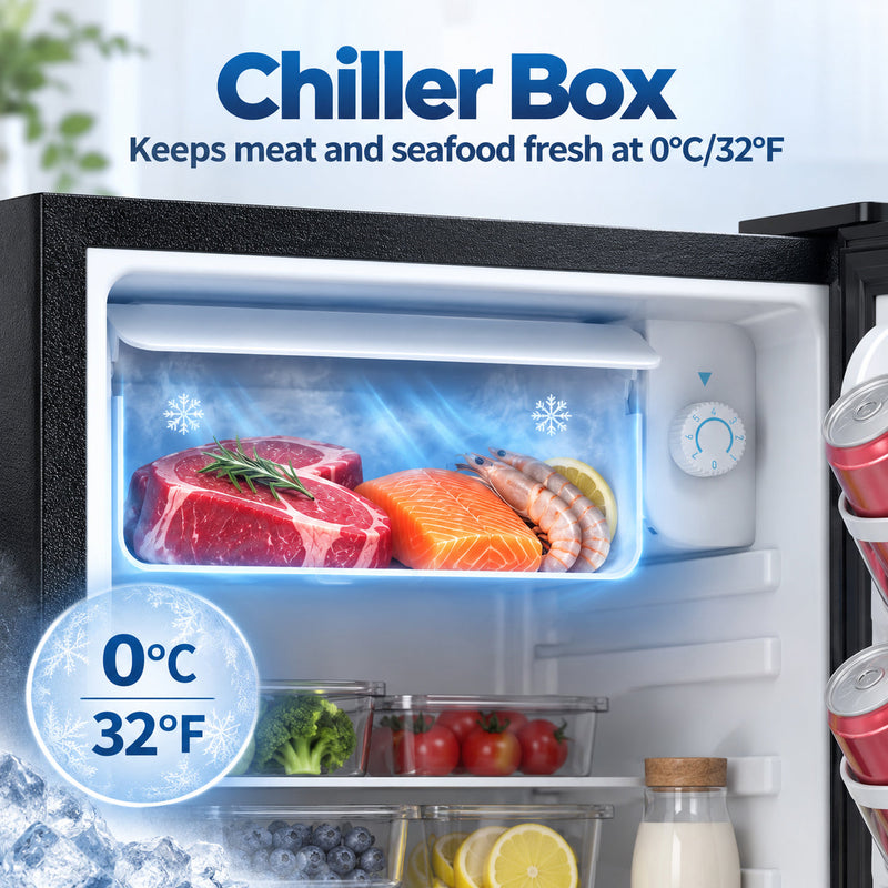 Chiller box holding meat and fish at 0°C above fridge shelves
