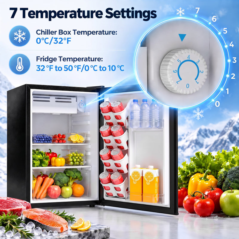 Temperature dial with 7 settings for the fridge and chiller box