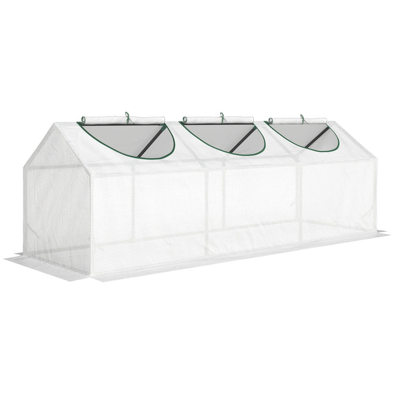 White mini greenhouse with three roll-up windows on a white background