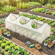 White mini greenhouse over a vegetable bed among raised beds with garden tools beside it
