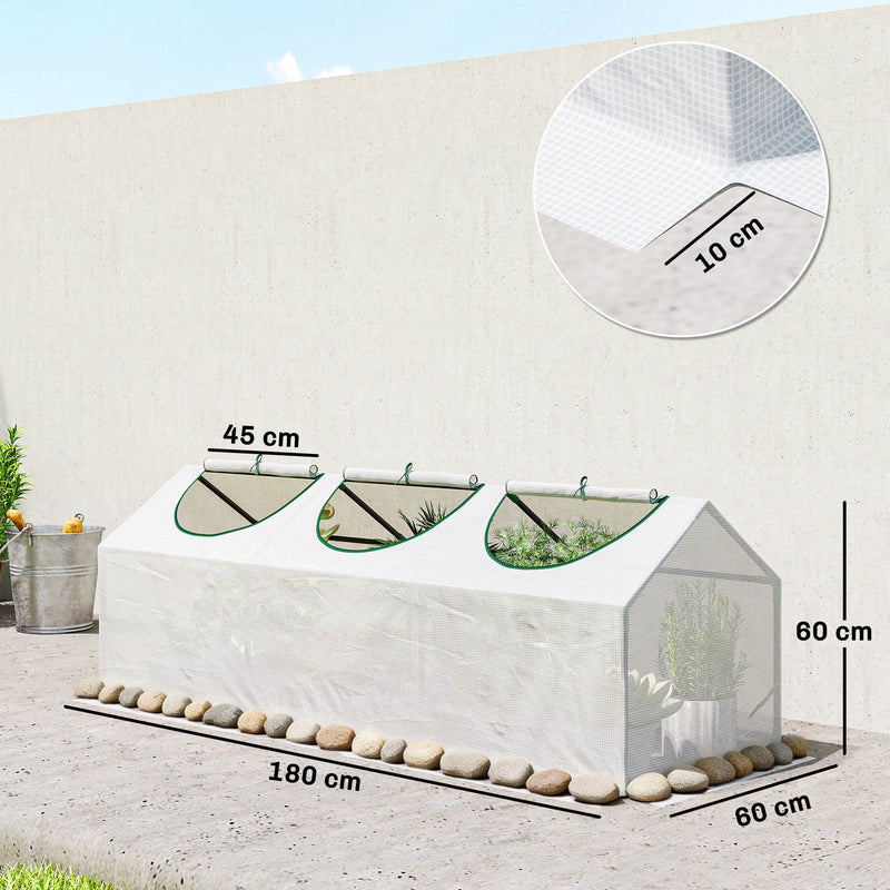 Dimensions diagram showing 180 cm length, 60 cm width, 60 cm height, 45 cm windows and a 10 cm edge