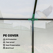 Close-up of the PE cover and frame joint listing UV protection, tear-proof, heat preservation and bird proof