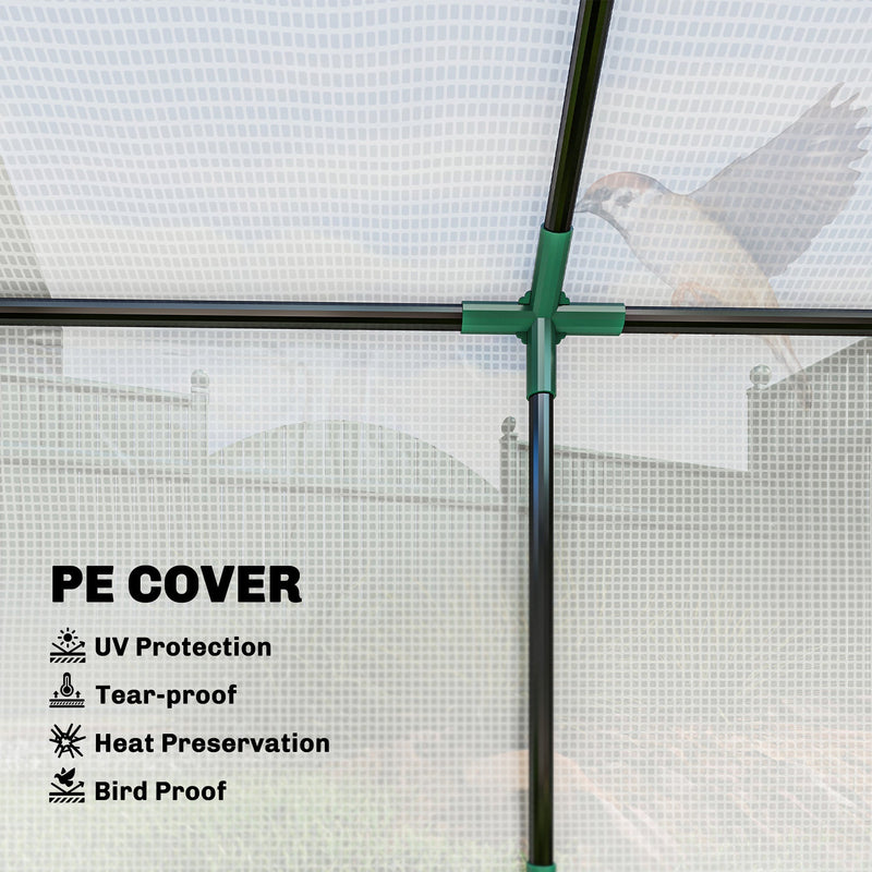 Close-up of the PE cover and frame joint listing UV protection, tear-proof, heat preservation and bird proof