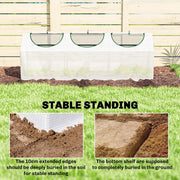 Greenhouse on grass with insets showing the 10 cm extended edge buried in soil for stable standing